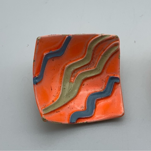 ♥️SALE! 3for$15 Vintage ART Arthur Pepper Orange Blue Gold Wave Clip On Earrings - Picture 3 of 5
